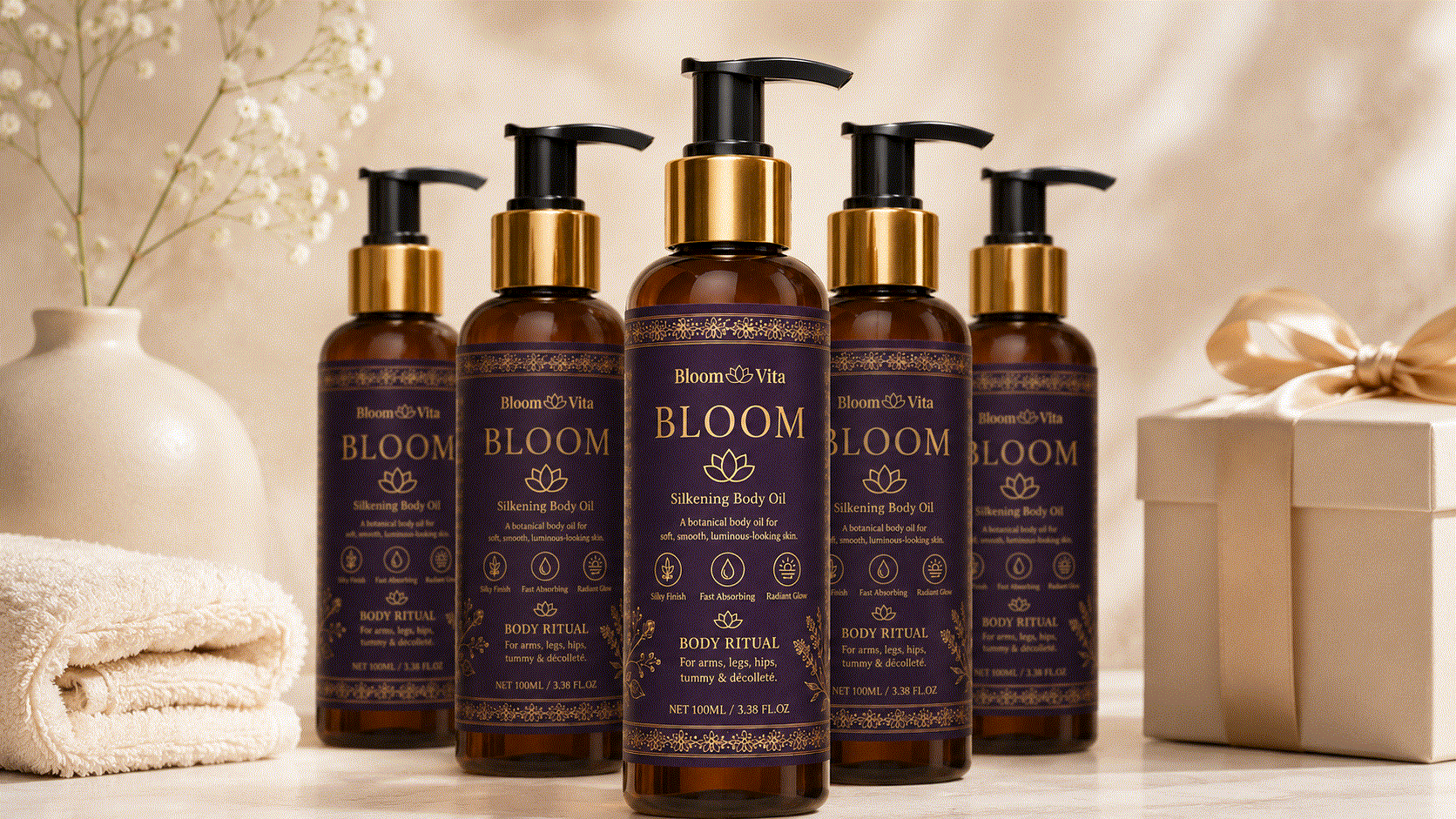 BLOOM Body Silkening Oil bottles